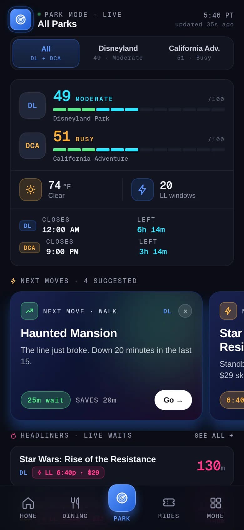 RopeDrop Radar Park Mode screen showing live crowd levels, weather, and suggested next moves